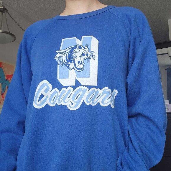 Vintage 60s Blue and White Cougars high school sports team crewneck sweater - Picture 2 of 11